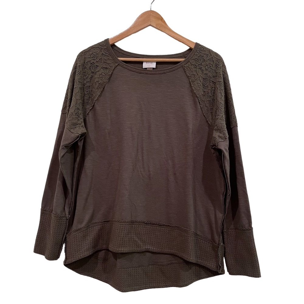 Knox Rose Women's Lace Detailed Long Sleeve Olive Green Peasant Top Shirt, Large